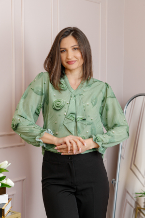 Bluza eleganta Sophie cu aplicatie tip cravata si imprimeu verde salvie [2]