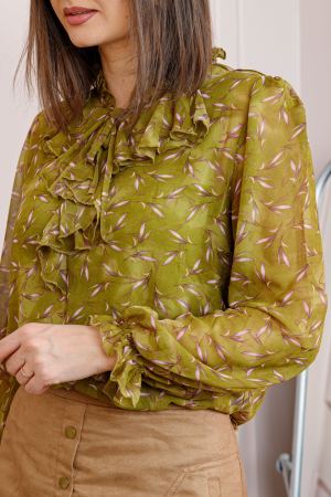 Bluza eleganta verde olive Lucienne cu imprimeu lila si jabou [1]