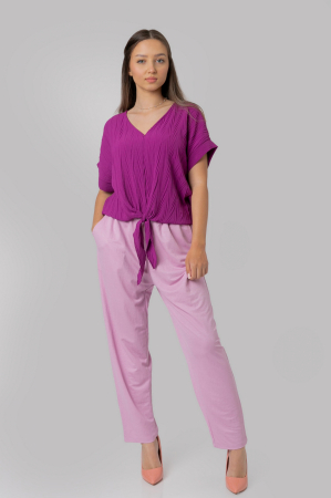 Bluza fuchsia casual cu aspect texturat si nod in talie [3]