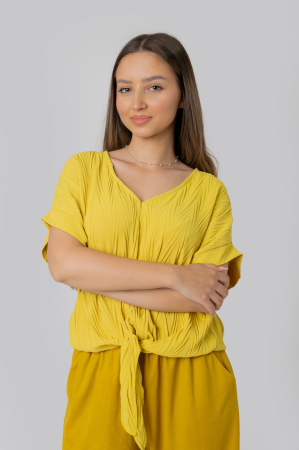 Bluza galbena casual cu aspect texturat si nod in talie [0]