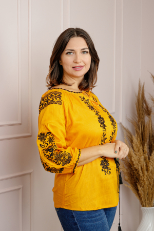 Bluze cu motive traditionale - Bluza galbena cu motiv floral negru Narcisa