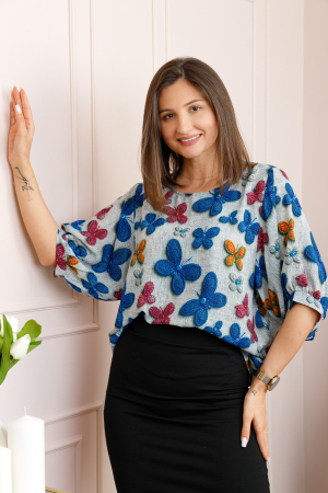 Bluze - Bluza gri cu imprimeu cu fluturi multicolori Harper plus size