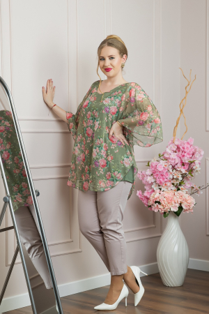 Bluza kaki din voal cu imprimeu floral si maneci fluture [3]