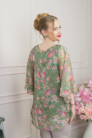 Bluza kaki din voal cu imprimeu floral si maneci fluture [2]