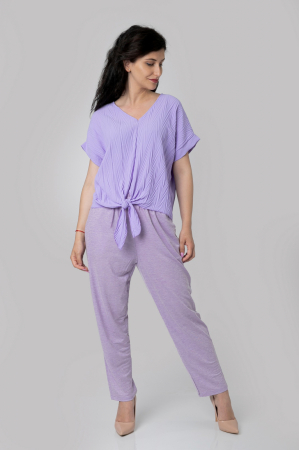 Bluza lila casual cu aspect texturat si nod in talie [3]