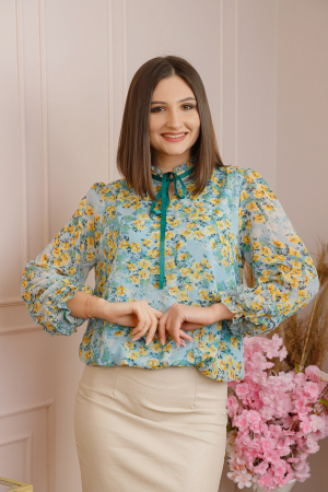 Bluze - Bluza Madeline din voal cu maneci bufante - Bleu