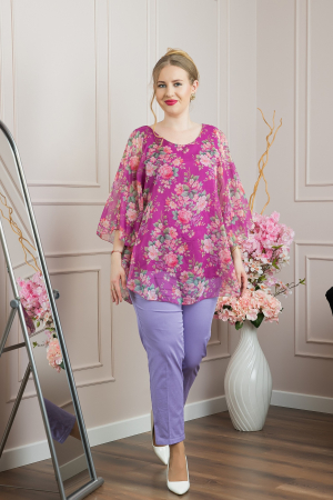 Bluza mov din voal cu imprimeu floral si maneci fluture [3]
