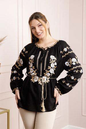 Bluze cu motive traditionale - Bluza neagra cu motiv floral alb Nina 02