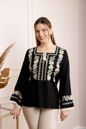 Bluza neagra cu motiv floral auriu Atena [0]