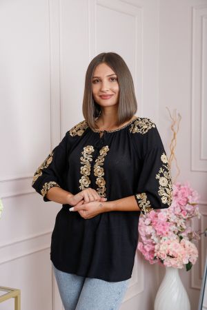 Bluze cu motive traditionale - Bluza neagra cu motiv floral auriu Iasmina 08