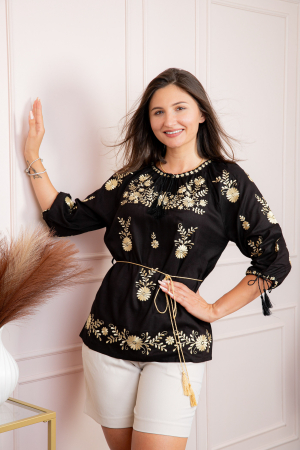 Bluze cu motive traditionale - Bluza neagra cu motiv floral auriu Tania 04
