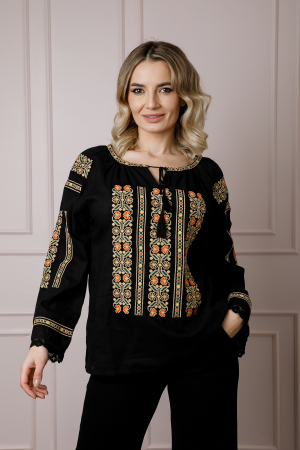 Bluze cu motive traditionale - Bluza neagra cu motiv floral multicolor Ariadna