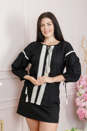Bluze cu motive traditionale - Bluza neagra cu motiv geometric alb Dominica