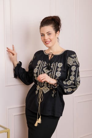 Bluze cu motive traditionale - Bluza neagra cu motiv geometric auriu Gloria 03 - maneca lunga
