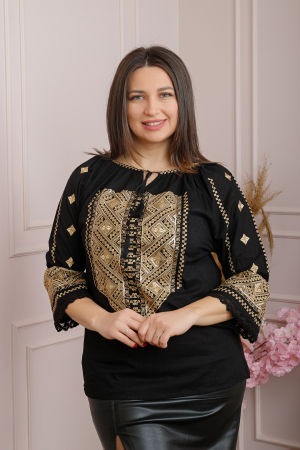 Bluze cu motive traditionale - Bluza neagra cu motiv geometric auriu Minerva 01