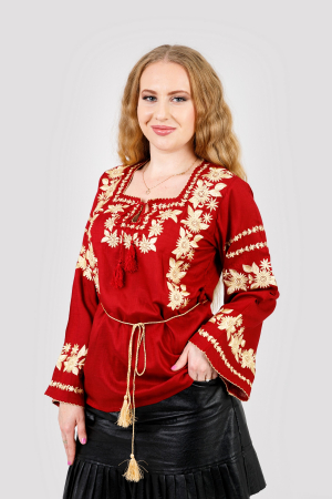 Bluze cu motive traditionale - Bluza rosie cu motiv floral auriu Noemi