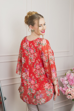 Bluza rosie din voal cu imprimeu floral si maneci fluture [2]