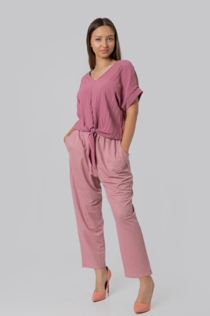 Bluza roz casual cu aspect texturat si nod in talie [3]