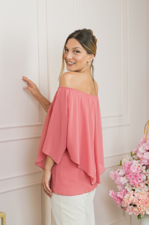 Bluza roz piersica din voal cu maiou plisat [2]