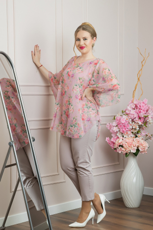 Bluza roz pudrat din voal cu imprimeu floral si maneci fluture [3]