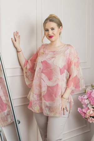 Bluza roz pudrat din voal cu maneci largi si imprimeu floral [0]