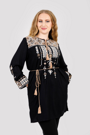 Bluze cu motive traditionale - Bluza stil tunica neagra cu motiv geometric crem Matilda