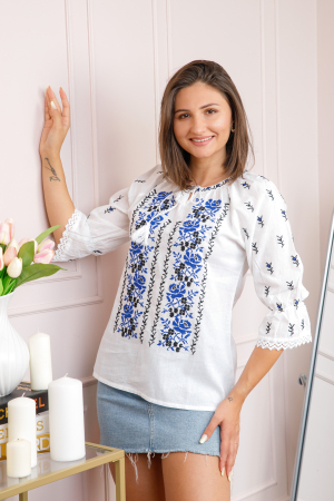 Bluza tip ie alba cu motiv floral albastru Floriana 02 [2]