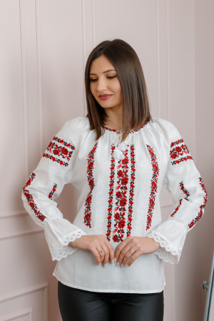 Ie cu maneca lunga - Bluza tip ie alba cu motiv floral rosu Cipriana 01