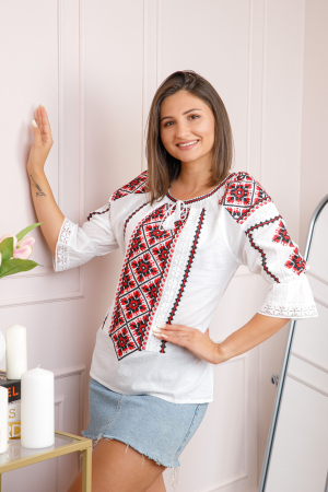 Bluza tip ie alba cu motiv floral rosu Evelina [2]