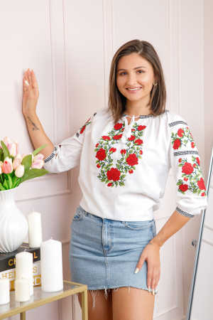 Bluza tip ie alba cu motiv floral rosu Hortensia [2]