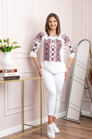 Bluza tip ie alba cu motiv floral rosu Liana 08 [3]