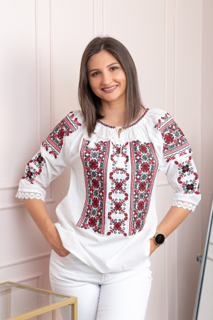 Ie cu maneca scurta - Bluza tip ie alba cu motiv floral rosu Liana 08