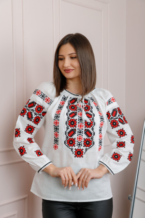 Ie cu maneca lunga - Bluza tip ie alba cu motiv floral rosu Magdalena