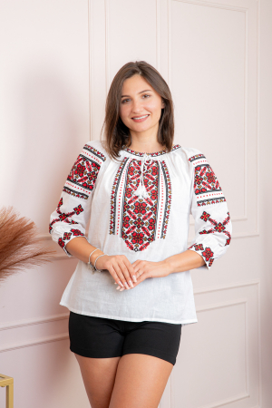 Ie cu maneca scurta - Bluza tip ie alba cu motiv floral rosu Petronela 07