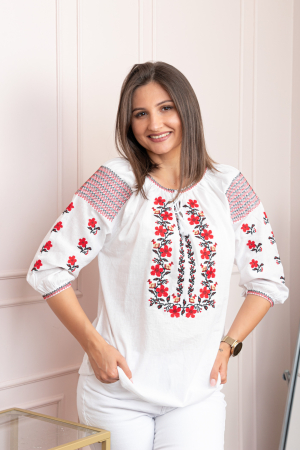 Ie cu maneca scurta - Bluza tip ie alba cu motiv floral rosu Viorica