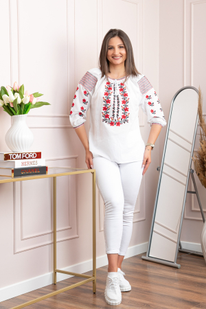 Bluza tip ie alba cu motiv floral rosu Viorica [3]