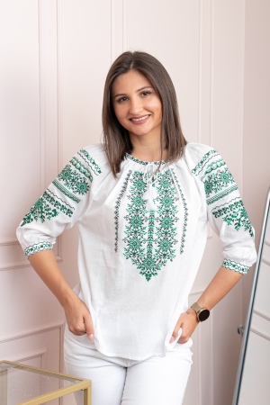 Ie cu maneca scurta - Bluza tip ie alba cu motiv floral verde Ecaterina