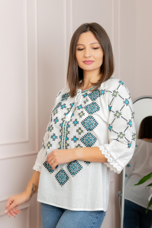 Bluza tip ie alba cu motiv geometric bleu Damiana [2]