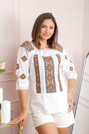 Ie cu maneca scurta - Bluza tip ie alba cu motiv geometric orange Alexandrina