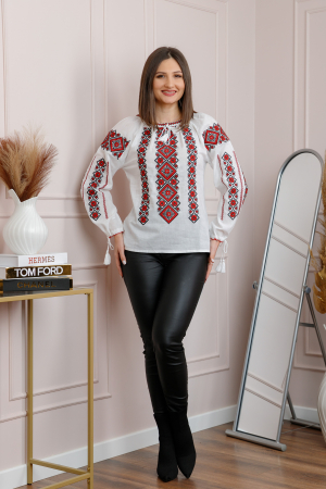 Bluza tip ie alba cu motiv geometric rosu Adelina [3]
