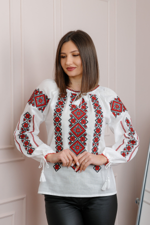 Bluza tip ie alba cu motiv geometric rosu Adelina [2]