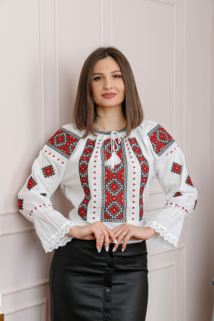 Bluza tip ie alba cu motiv geometric rosu Adriana [2]