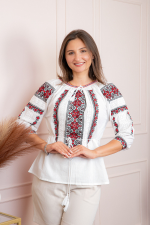 Bluza tip ie alba cu motiv geometric rosu Albina [2]