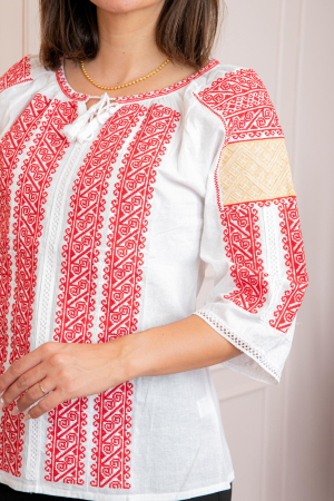 Bluza tip ie alba cu motiv geometric rosu Dora 02 [1]