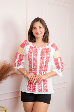 Ie cu maneca scurta - Bluza tip ie alba cu motiv geometric rosu Dora 02