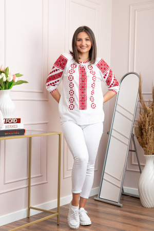 Bluza tip ie alba cu motiv geometric rosu Ioana [3]