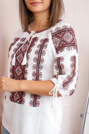 Bluza tip ie alba cu motiv geometric rosu Simina [1]