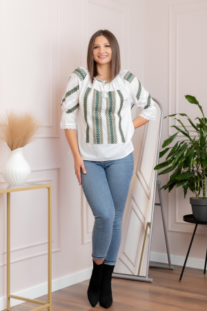 Bluza tip ie alba cu motiv geometric verde Gloria 01 [3]