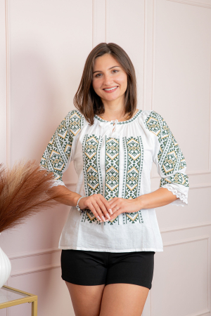 Ie cu maneca scurta - Bluza tip ie alba cu motiv geometric verde Ina 07