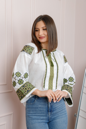 Bluza tip ie alba cu motiv geometric verde Rodica [2]